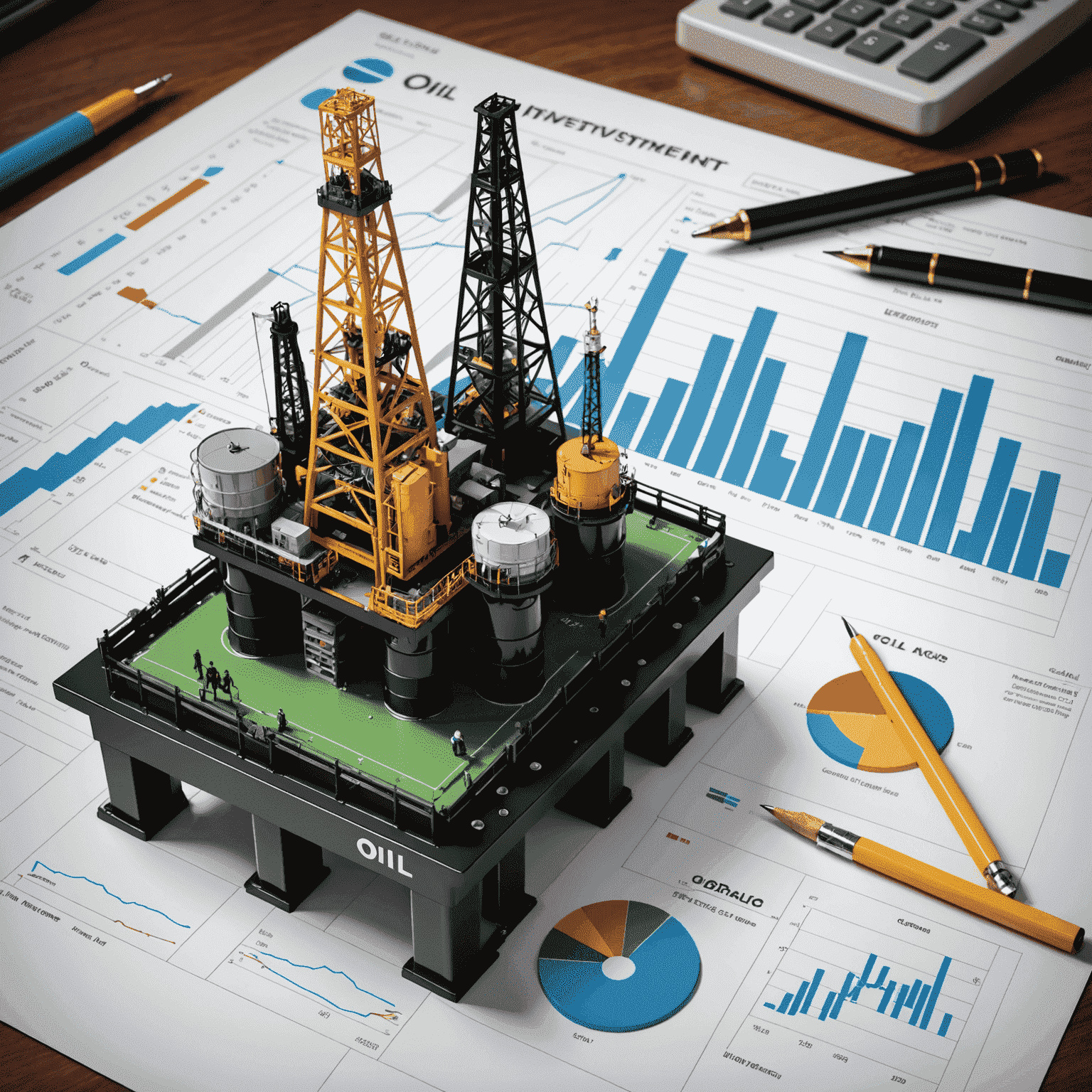 Illustration of oil rigs, stock charts, and financial documents representing the basics of oil investment