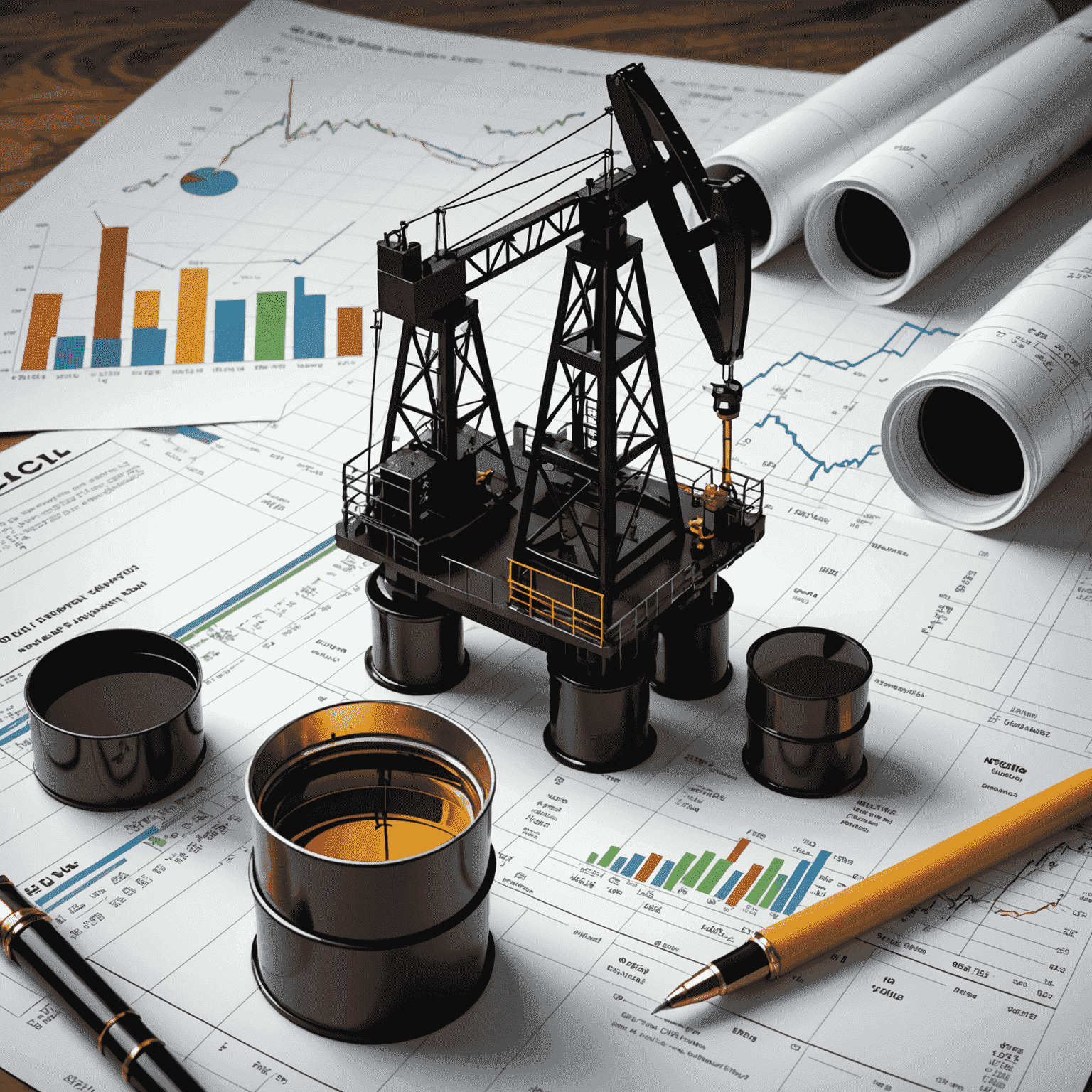 Illustration of oil rigs, stock charts, and financial documents representing the basics of oil investment