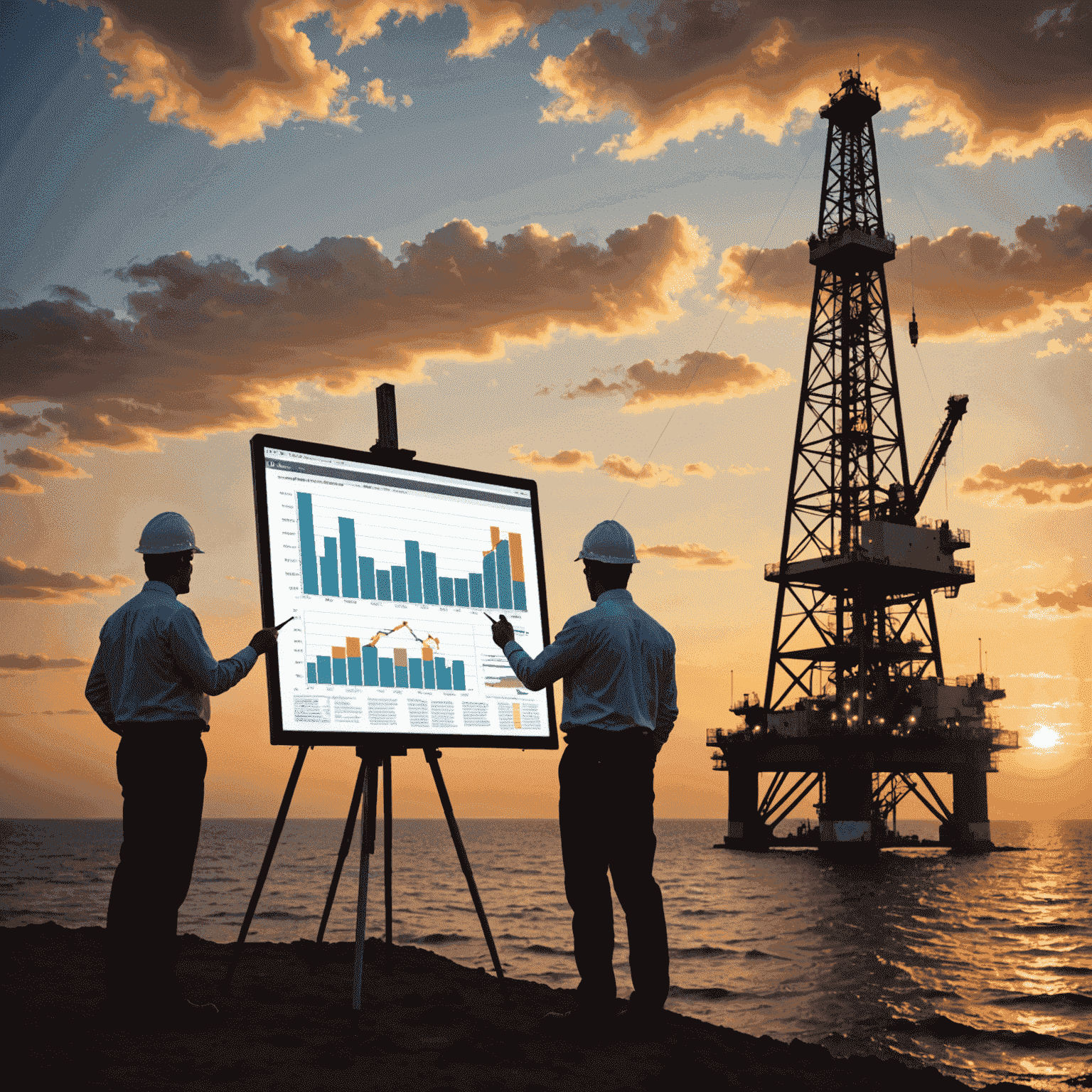 Oil rig at sunset with investors looking at charts and graphs, symbolizing oil investment opportunities