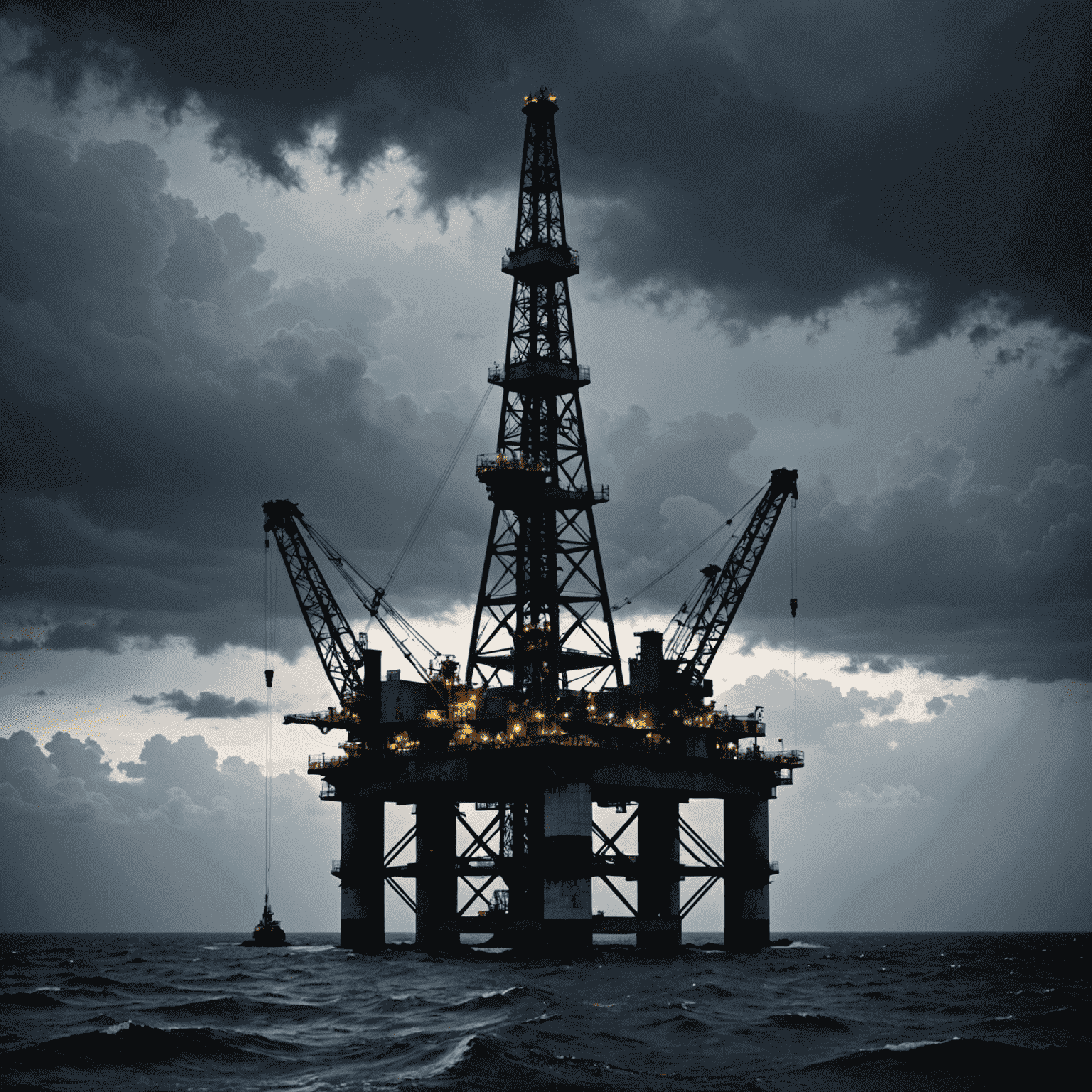 Oil rig silhouette against a stormy sky, symbolizing market volatility in the oil industry