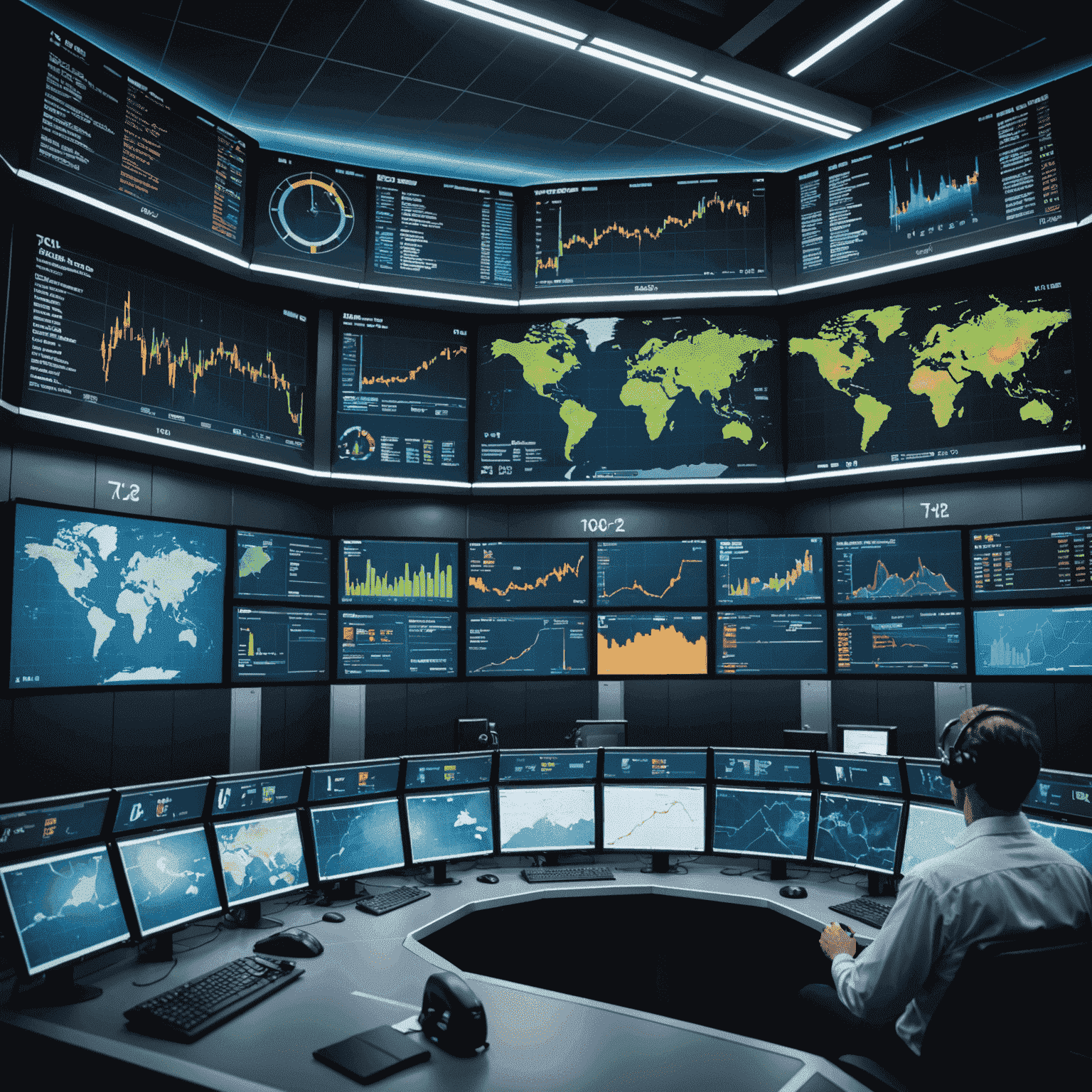 Futuristic trading floor with holographic displays showing oil price charts and global maps highlighting key oil-producing regions