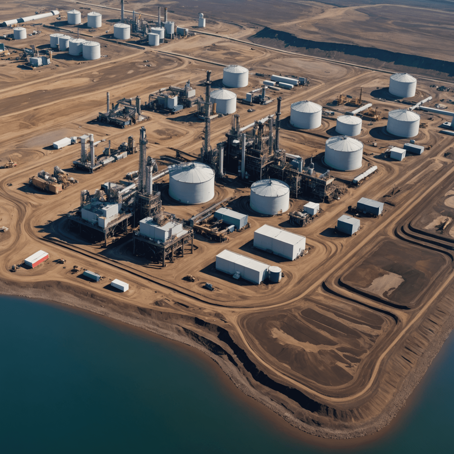 Aerial view of Canadian oil sands with extraction equipment, alongside environmental protection symbols and graphs showing market trends