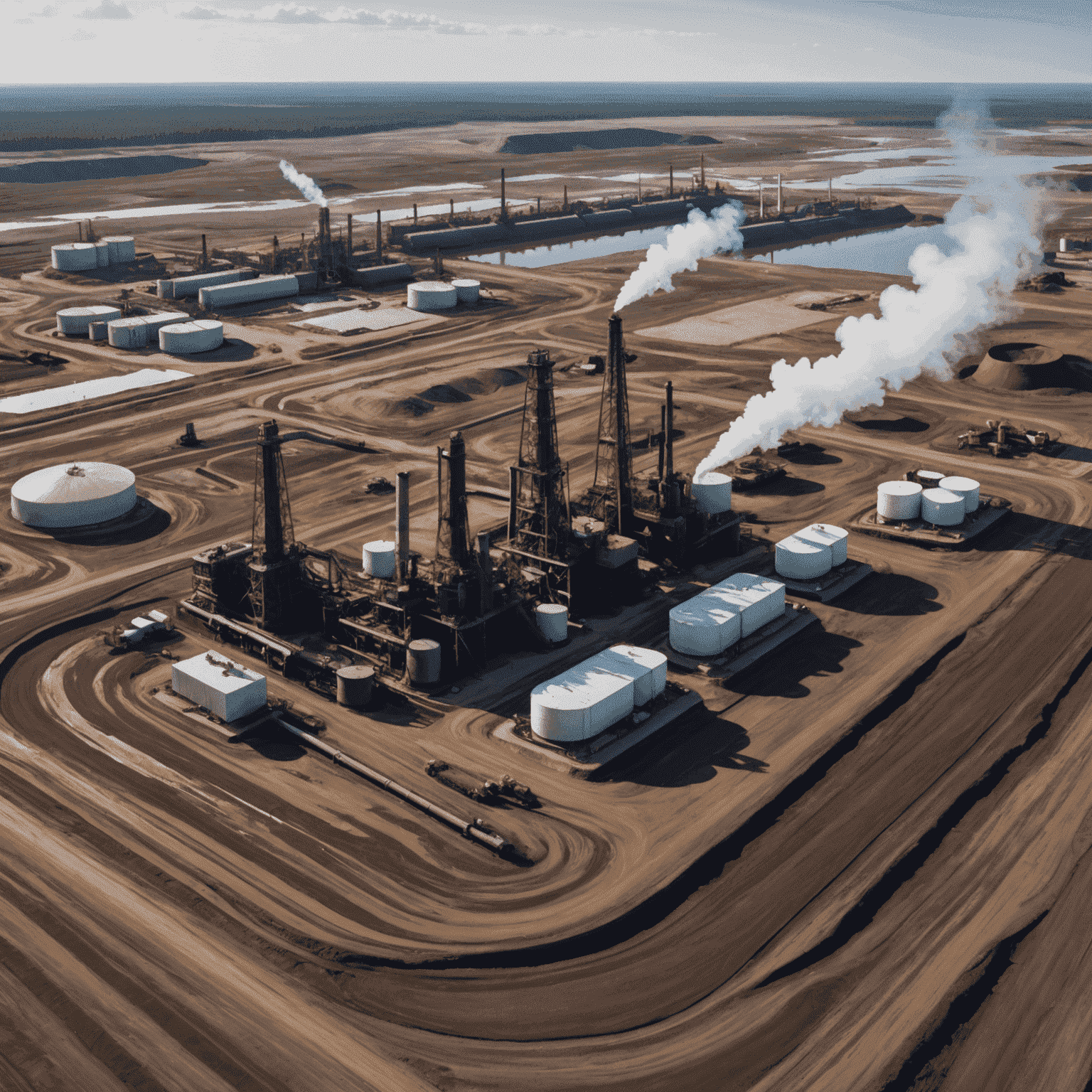 Panoramic view of Canadian oil sands with extraction equipment and environmental protection measures