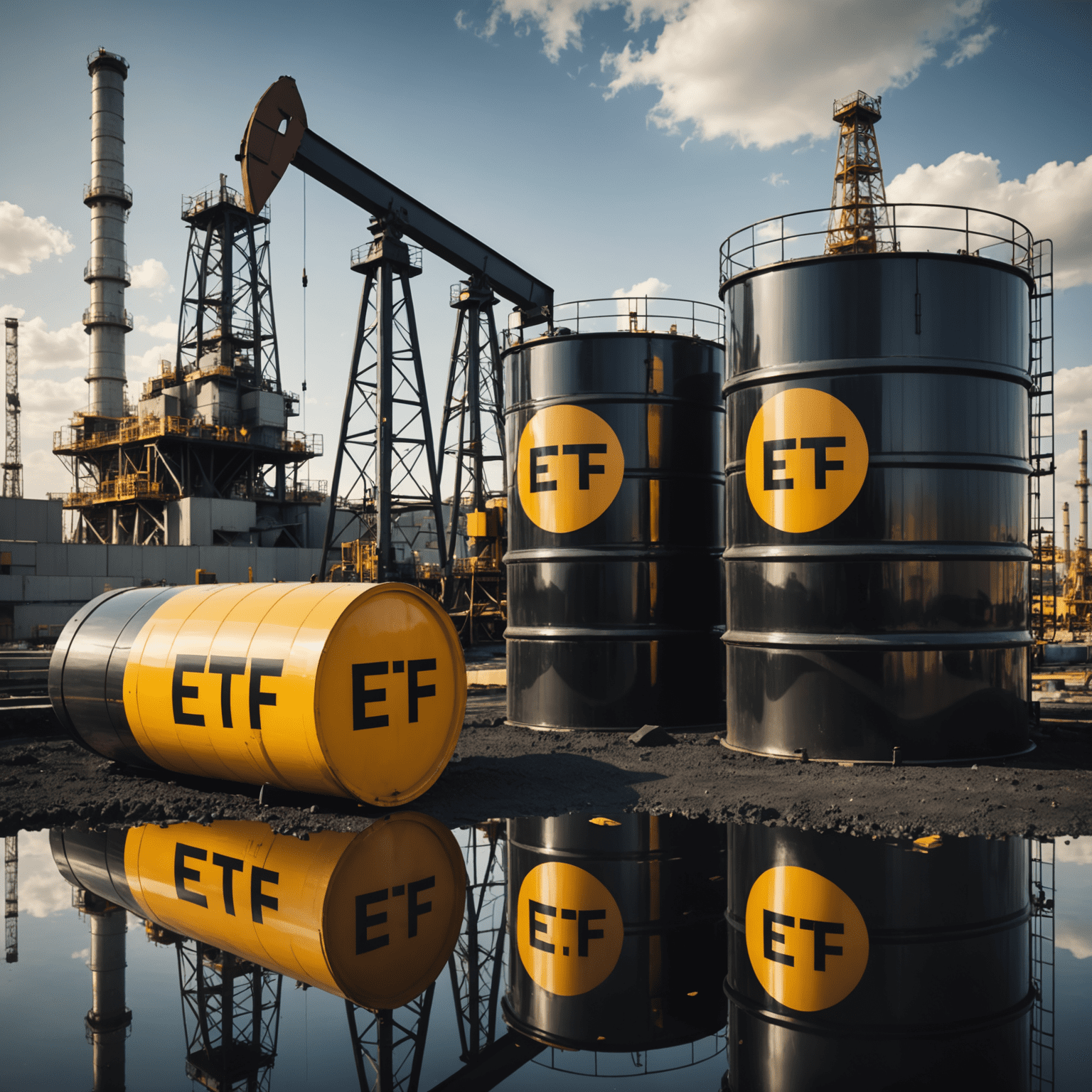 Conceptual image of ETF and mutual fund symbols overlaid on oil industry background